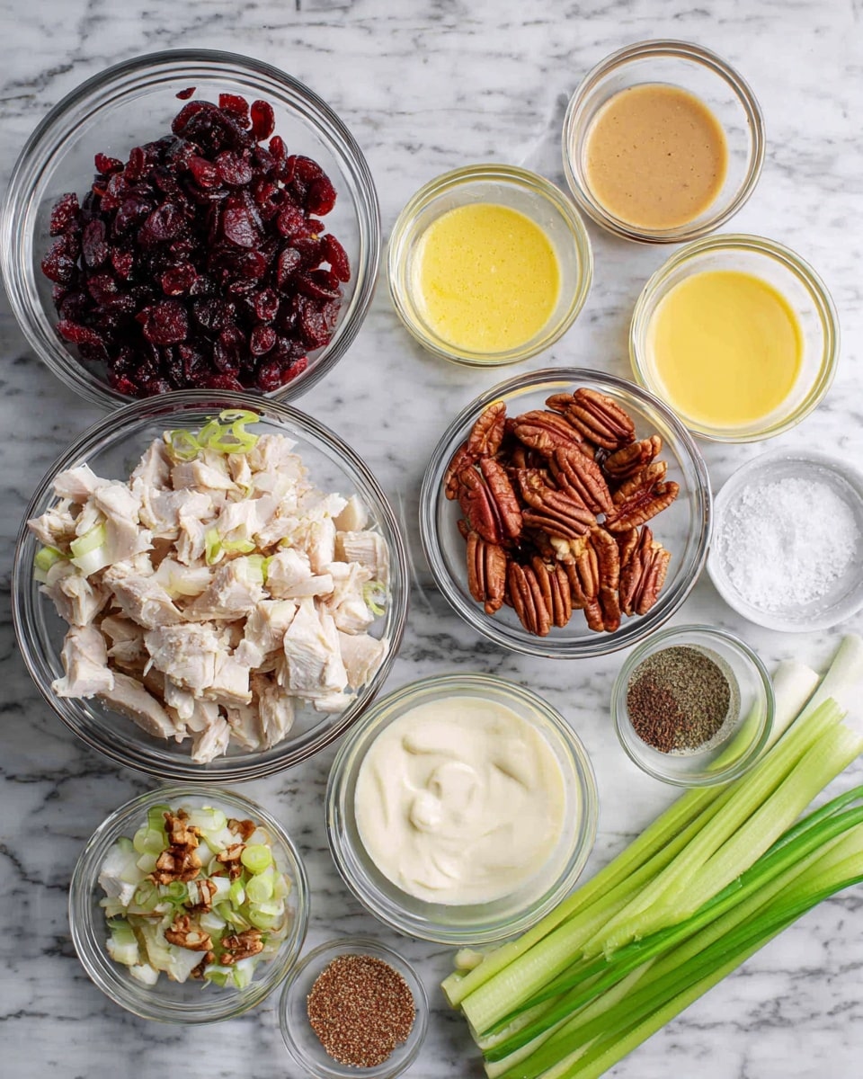 The image shows several glass bowls and white bowls placed on a white marbled surface. The largest bowls hold chopped white meat in the center, dark red dried cranberries at the top, and brown pecans on the right. Smaller bowls contain a light brown liquid, creamy white sauce, yellow orange juice, yellow mustard, white yogurt, and a mix of salt and pepper. At the bottom and top right are fresh light green celery stalks and green onions arranged diagonally. Photo taken with an iphone --ar 4:5 --v 7