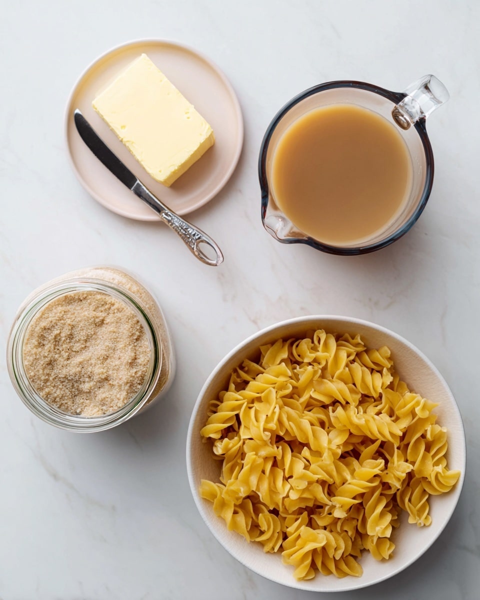 The image shows four cooking ingredients on a white marbled surface: in the bottom right corner, there is a single layer of dry yellow spiral pasta in a white bowl; above it to the right is a clear glass measuring cup filled with light brown broth; in the bottom left corner, there is an open glass jar with beige sourdough starter that has a rough, bubbly texture; in the top left corner, a small white plate holds a block of pale yellow butter with a silver knife resting on the edge. Photo taken with an iphone --ar 4:5 --v 7