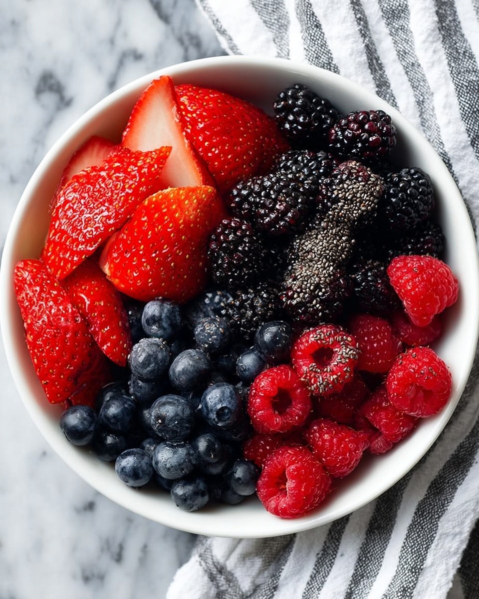 A white bowl filled with four sections of fresh berries layered side by side on a white marbled surface: bright red strawberry halves with visible seeds and textured inner flesh at the top left, deep purple-black blackberries with shiny round clustered drupelets top right, small bright red raspberries with hollow centers bottom right, and dark blue blueberries with a slightly matte surface bottom left. Tiny black chia seeds are sprinkled over the berries adding small speckles. The bowl is next to a white and grey striped cloth. Photo taken with an iphone --ar 4:5 --v 7
