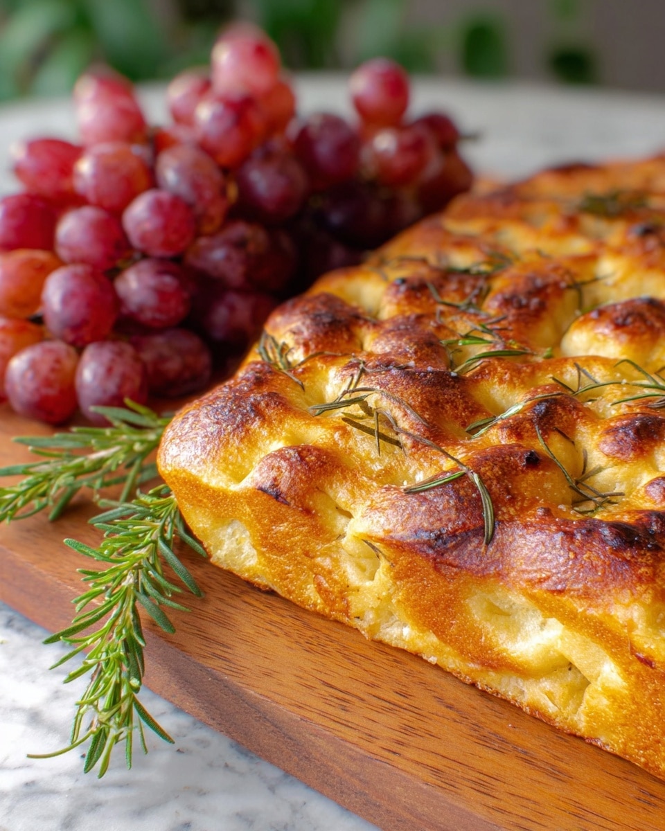 The image shows a close-up of a golden brown focaccia bread with a slightly burnt, crispy top layer dotted with fresh green rosemary sprigs, giving texture and depth to the bread surface. The focaccia crust is thick and puffy with a soft, airy inside visible at the edges. Next to the bread on a wooden board, there is a bunch of shiny, plump red grapes with a fresh green rosemary sprig lying beside them. The whole setting rests on a white marbled textured surface. Photo taken with an iphone --ar 4:5 --v 7