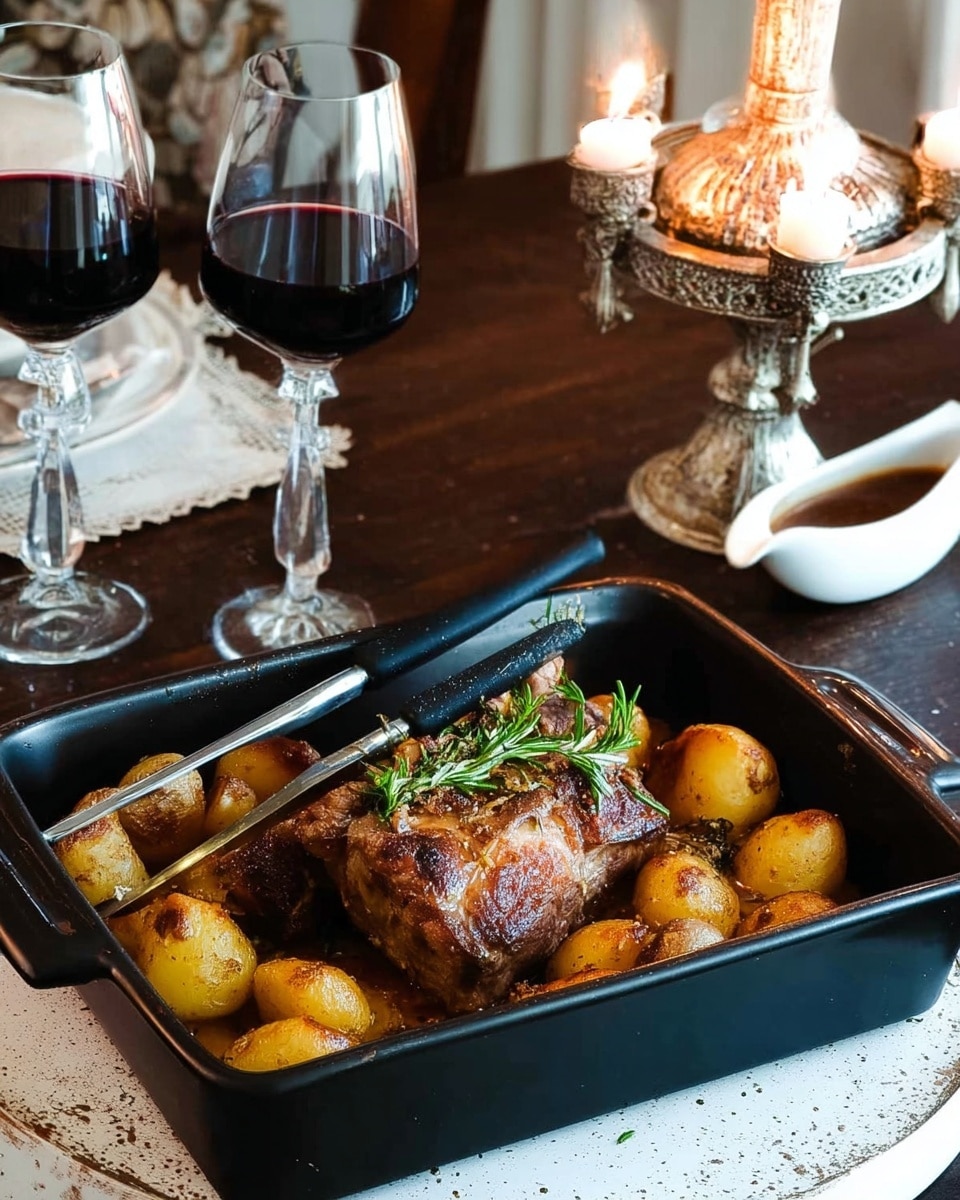 A rectangular black roasting pan filled with a golden brown cooked meat piece, topped with sprigs of green herbs like rosemary; surrounding the meat are crispy golden potato pieces, some stacked layered under and around the meat. A two-prong fork with a black handle is piercing the meat from the left side of the pan. In the background, two clear wine glasses filled with dark red wine stand on a dark wooden table with a white marbled texture surface. To the right, there is a white sauce boat with brown gravy inside and a decorative candle holder with three lit candles on the table. The whole scene has a warm cozy feeling. photo taken with an iphone --ar 4:5 --v 7