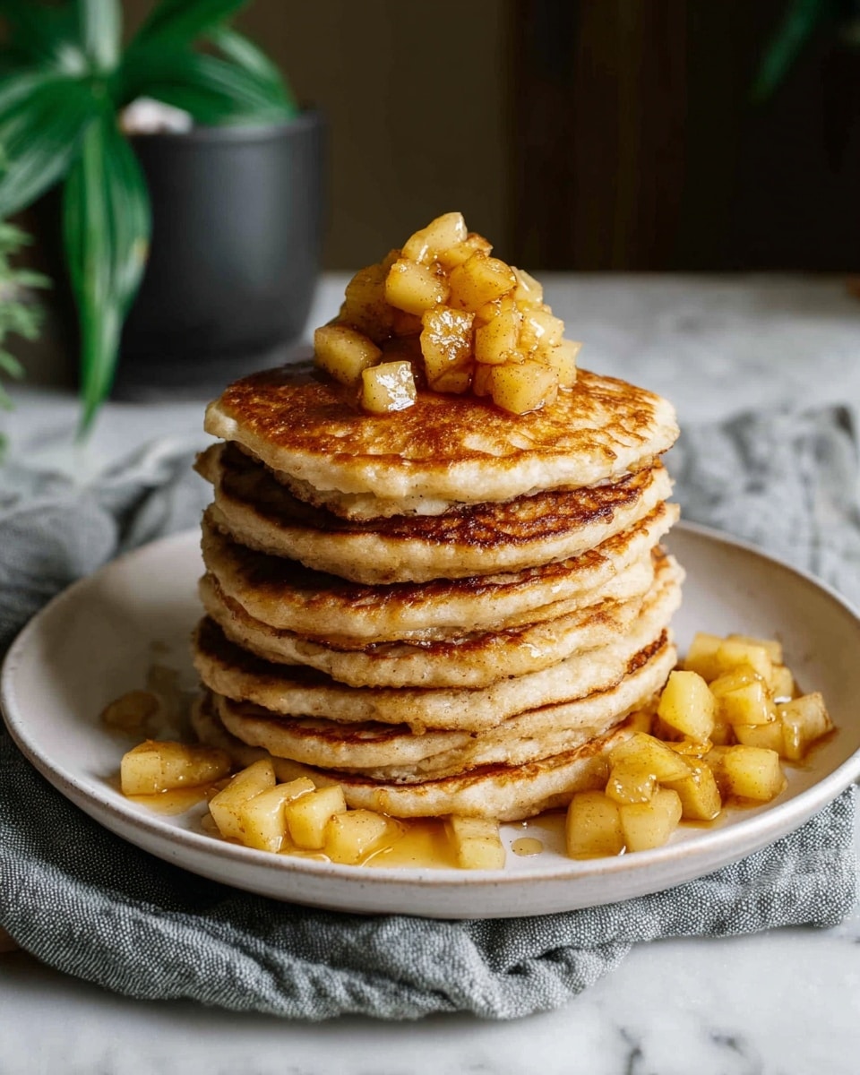 A tall stack of five golden-brown pancakes sits on a large white plate, with a slice removed showing the fluffy, light brown texture inside. The top pancake is covered with small, diced pieces of cooked apples, glistening slightly, and some apples are scattered around the base of the stack. The setting includes a white marbled surface beneath the plate and a blurred plant in a white pot in the background. The overall look is warm and cozy with natural lighting. photo taken with an iphone --ar 4:5 --v 7