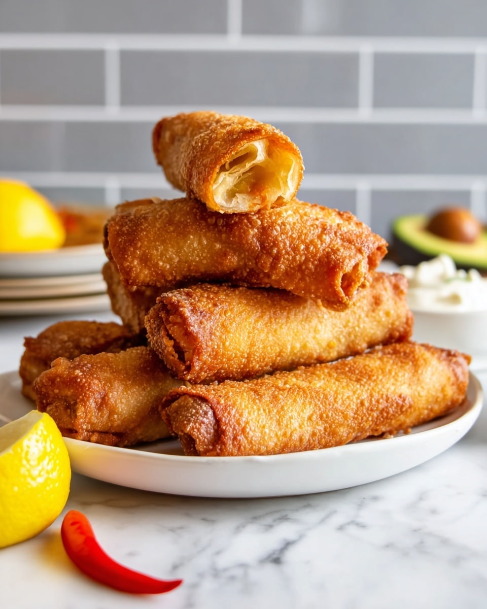 A white plate stacked high with five golden-brown fried egg rolls that have a bubbly and crispy texture, arranged in a pyramid shape on a white marbled surface. In the foreground, there is a bright yellow lemon wedge and a red chili partially visible, adding color contrast. To the right, there is a blurred white dish with a creamy white sauce and a half avocado with its dark seed showing in the background. The background features light gray subway tiles with white grout, softly out of focus. Photo taken with an iphone --ar 4:5 --v 7