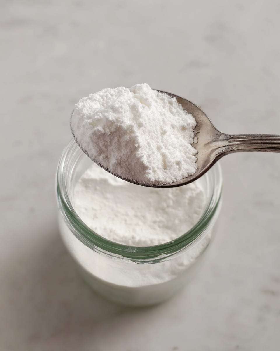 A close-up image shows a metal spoon filled with white powder held above a small glass jar that also contains the same white powder. The texture of the powder is fine and soft, with small clumps visible on the spoon. The background is a white marbled surface, which contrasts gently with the white powder and reflective metal spoon. The image has a clean, simple look with soft lighting and slight shadows under the spoon and jar, giving a clear focus on the powder's texture and form. photo taken with an iphone --ar 4:5 --v 7