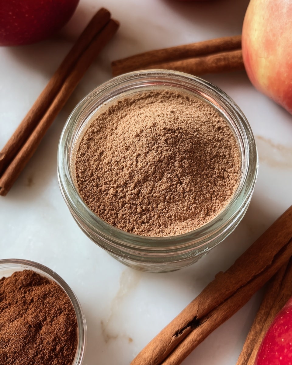 A clear glass jar is full of fine cinnamon powder, with a light brown color and a slightly uneven surface texture. Around the jar, several whole cinnamon sticks lie on a white marbled surface, their dark brown color and rough bark texture contrasting with the smooth powder. There are also parts of red apples visible at the edges, adding a fresh and colorful element to the composition. Another small glass container with cinnamon powder is partially visible in the corner, enhancing the theme of cinnamon spice. photo taken with an iphone --ar 4:5 --v 7
