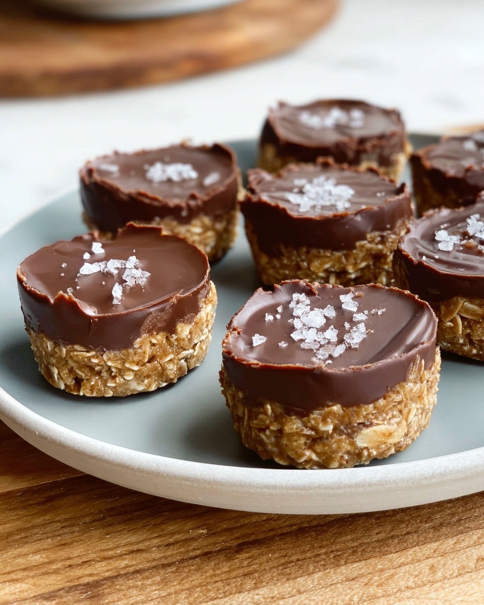 There are six small round treats arranged on a white plate, each one with two layers: a bottom layer of light brown oats and a top layer of glossy milk chocolate with a sprinkling of coarse salt. The oat layer has a rough, crumbly texture, while the chocolate on top is smooth with slight uneven edges. The plate sits on a white marbled surface with some wooden boards blurred in the background. Photo taken with an iphone --ar 4:5 --v 7