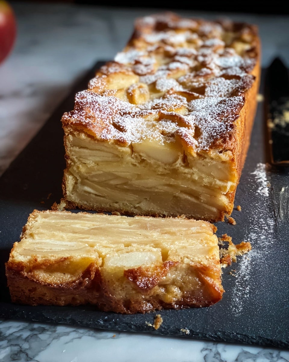 A rectangular apple cake is sliced, showing many thin layers of baked apple inside with a light golden color and a soft, slightly moist texture. The top layer is golden brown with visible apple pieces and a dusting of white powdered sugar. The cake slice lies flat in front of the main cake, revealing the layered inside clearly. Both pieces are on a dark slate board, with a white marbled surface around them. A knife with some crumbs rests next to the cake. photo taken with an iphone --ar 4:5 --v 7