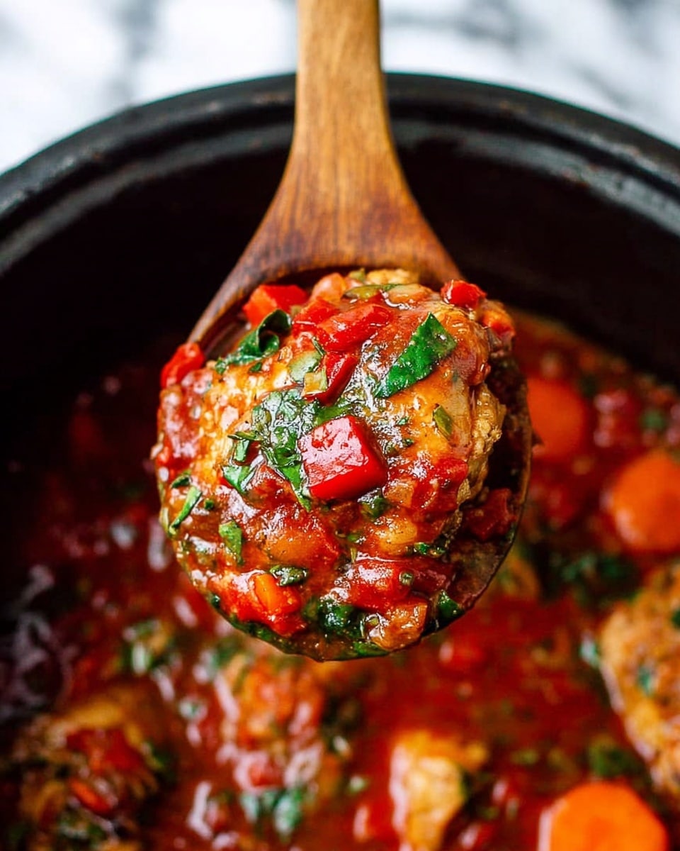 A wooden spoon lifts a serving of a stew from a black pot, showing one main piece that looks like cooked chicken covered with a thick red sauce full of diced red peppers, green herbs, and small bits of vegetables. Around the main piece in the spoon, you can also see some green leaves and the sauce’s shiny texture. Inside the pot below, there are orange carrot slices and more pieces of chicken and vegetables, all mixed in the same rich red sauce with visible herbs. The background is a white marbled texture. photo taken with an iphone --ar 4:5 --v 7
