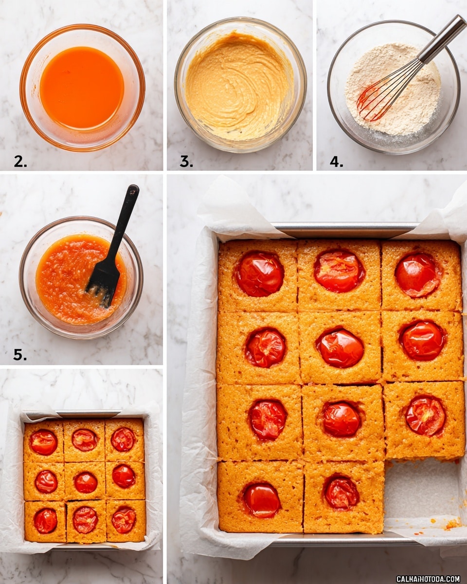 The image shows several square pieces of bright orange cornbread placed on a dark wooden board on a white marbled surface. The cornbread has a coarse and crumbly texture, and each piece has one or two halved cherry tomato slices embedded on top, adding a pop of red color. The pieces are thick and well-defined, with a moist interior visible on the edges. The scene is brightly lit, highlighting the cornbread’s grainy texture and the glossy, fresh look of the tomatoes. Photo taken with an iphone --ar 4:5 --v 7