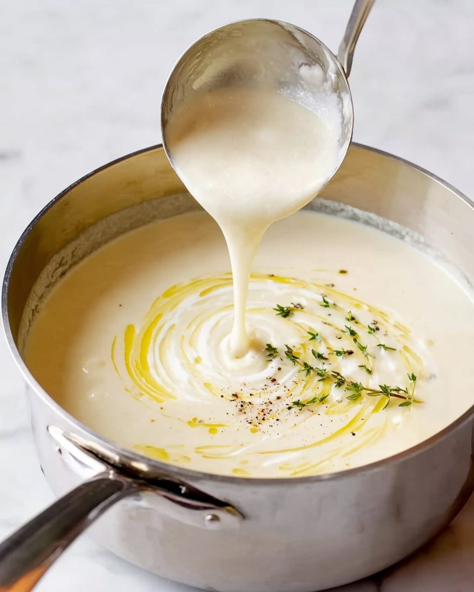 A large silver pot filled with smooth, creamy white soup is shown on a white marbled surface. The soup has swirls of white cream and yellow oil on its surface, with small green thyme sprigs and a sprinkle of black pepper as garnish. A silver ladle is lifted above the pot, pouring some of the thick soup back into it, creating a flow that shows the soup's smooth texture. photo taken with an iphone --ar 4:5 --v 7