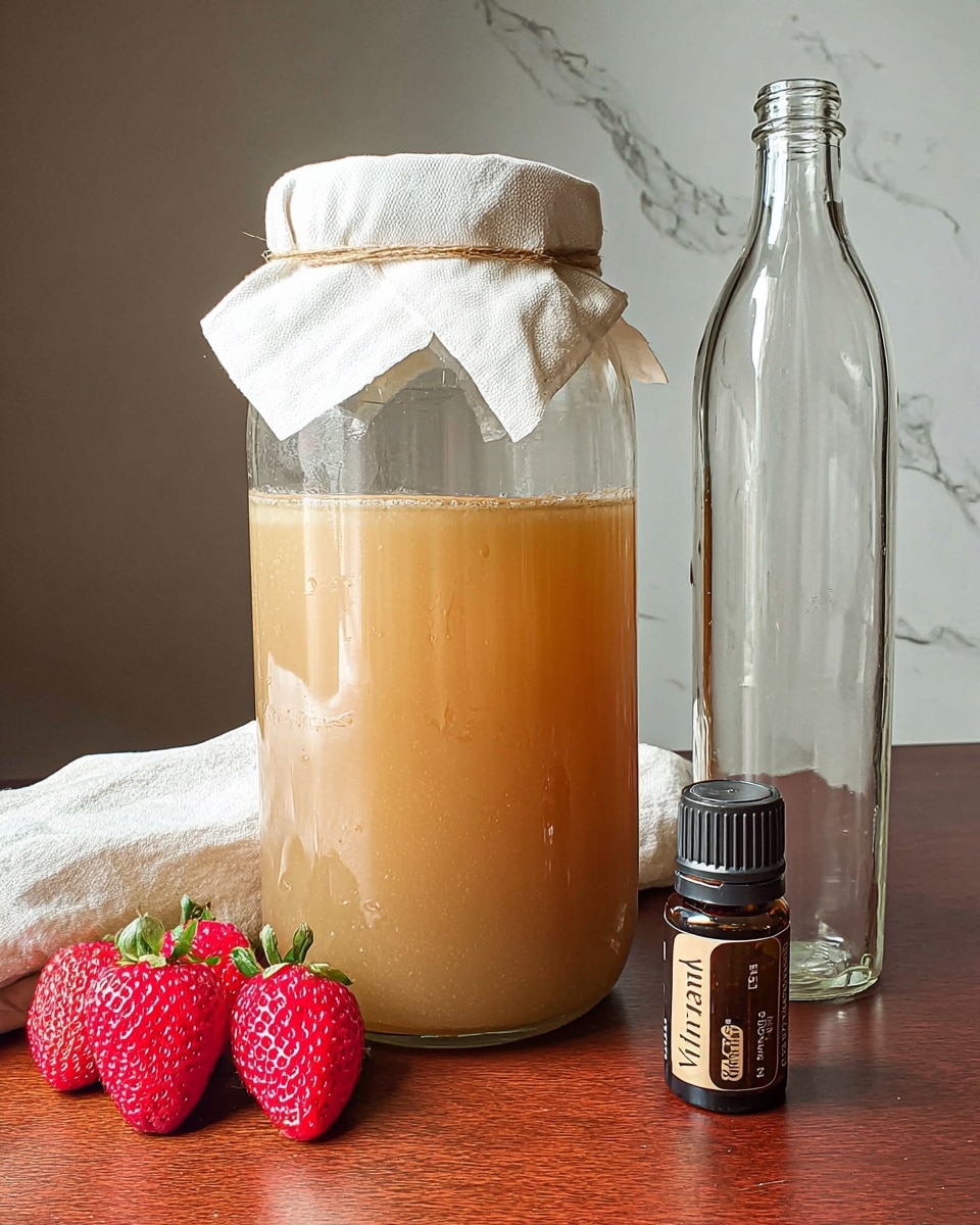 A large glass jar filled with a light brown liquid has a white cloth covered by a tan rubber band on top. To the right of the jar is a tall clear glass bottle with a sealed lid, and to the left are three bright red strawberries with green stems and a small dark brown bottle labeled vanilla. All items are placed on a shiny wooden surface with a white marbled texture background. photo taken with an iphone --ar 4:5 --v 7