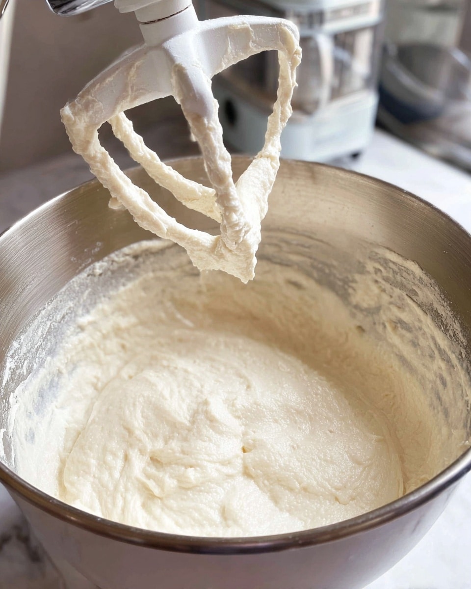 A close-up view of a thick, creamy white batter inside a large silver mixing bowl, with a white stand mixer's beater attachment lifted above the batter. The batter has a smooth, soft texture and clings lightly to the mixer's attachment, showing some small air bubbles. The bowl rests on a white marbled surface, with the background blurred but including hints of kitchen appliances. photo taken with an iphone --ar 4:5 --v 7