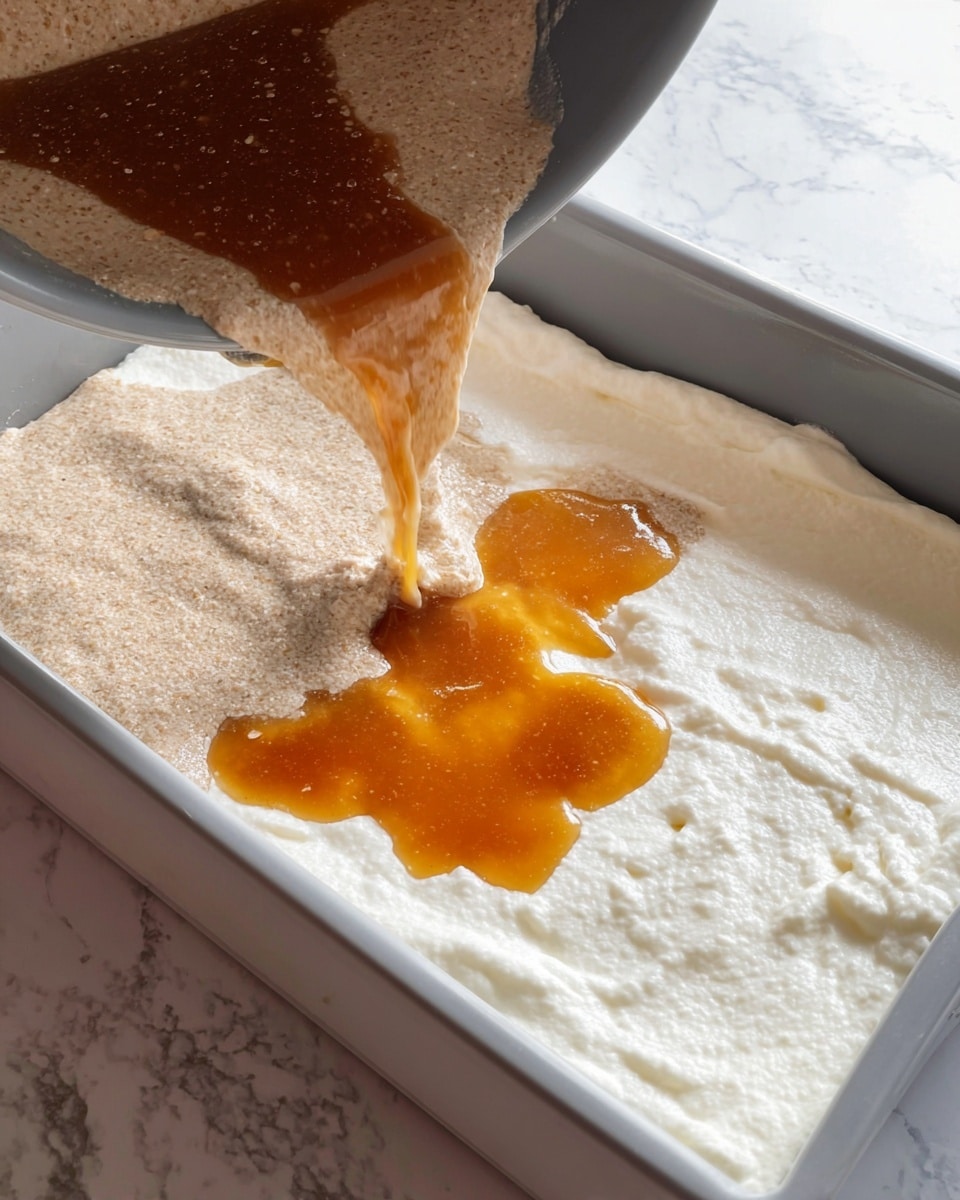 A white rectangular baking pan is filled with a thick, fluffy white layer spread evenly at the bottom. On top of this layer, an amber-colored syrup or sauce is poured in an irregular shape. From the left side, a gray mixing bowl is tilted, pouring a grainy, light brown batter over the white layer and syrup, creating a sense of movement as the batter flows smoothly. The background is a white marbled texture. photo taken with an iphone --ar 4:5 --v 7