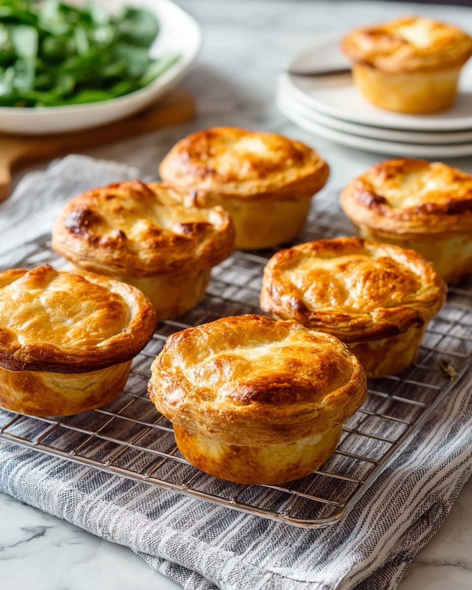 The image shows bakery pies stacked closely on a metal rack over a white marbled surface. One pie is cut open and held by a woman's hand, showing inside layers filled with cooked minced meat, orange carrot pieces, and small yellow potato chunks with a soft, slightly crumbly texture. The pie crust is golden brown with a smooth, crisp top layer and a thick, sturdy base that holds the filling well. The whole scene is well-lit and focused on the pies, highlighting their fresh and appetizing look photo taken with an iphone --ar 4:5 --v 7