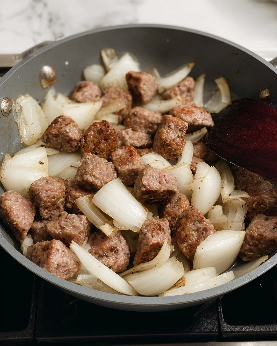 The image shows a gray pan filled with chunks of cooked sausage and large pieces of white onion. The sausage pieces are browned and textured with a light crust, scattered evenly throughout the pan. The onion pieces are thick, white, and slightly translucent with some edges beginning to brown. A dark wooden spatula is partially visible to the right side of the pan, resting on the edge. The pan sits on a stove, with the background replaced by a white marbled texture. photo taken with an iphone --ar 4:5 --v 7