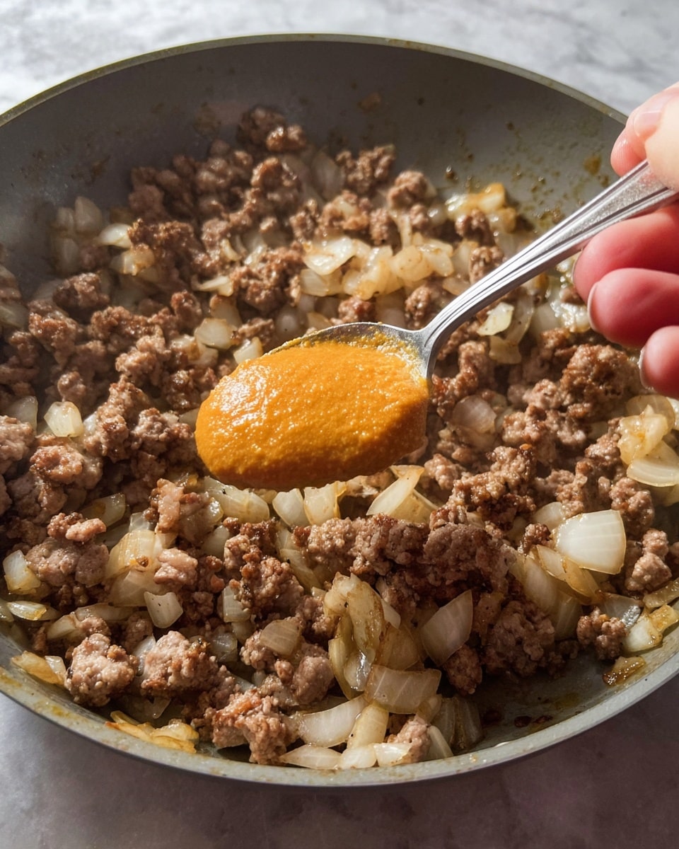A close-up view of cooked ground meat browned with soft, translucent chopped onions mixed in a pan, showing a mix of light brown and golden textures. A woman's hand holds a spoon filled with a smooth, shiny orange paste hovering just above the meat and onion mixture. The pan's interior is a neutral grey, and the background has been changed to a white marbled texture. The lighting highlights the moist, textured surface of the cooked food and the soft shine of the orange paste on the spoon photo taken with an iphone --ar 4:5 --v 7