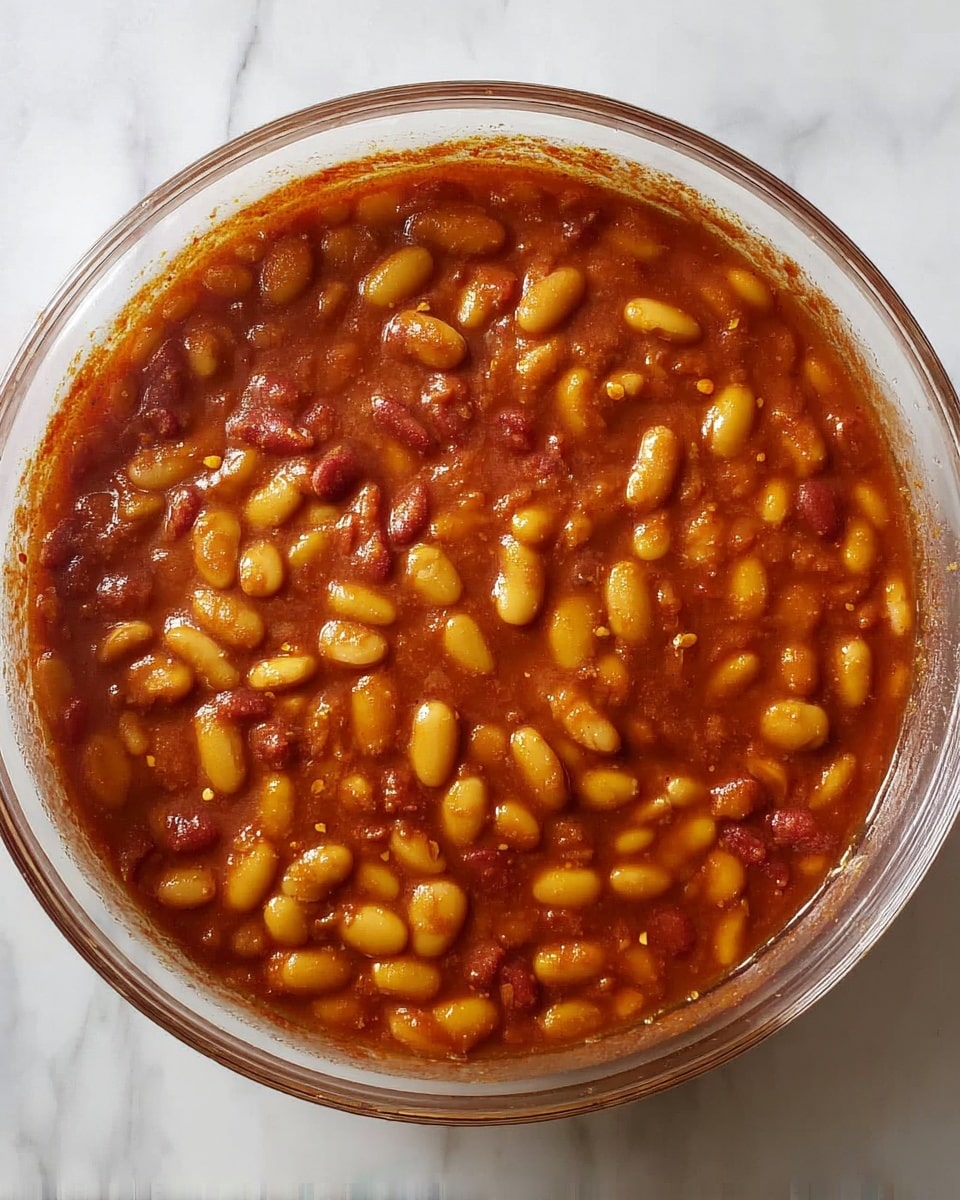 The image shows a clear glass bowl filled with two types of beans, one light yellow and one reddish-brown, mixed in a thick reddish-brown sauce. The beans are evenly spread throughout the sauce, which has a smooth texture with small bits of spices or herbs visible. The bowl is placed on a white marbled surface. The sauce seems rich and dense, coating the beans well, giving a warm, hearty look. photo taken with an iphone --ar 4:5 --v 7