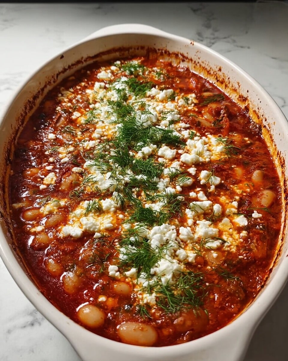 A white oval ceramic baking dish sits on a white marbled surface, filled with a thick tomato-based stew. The stew has a rich, deep red color with visible white beans and pieces of meat or vegetables throughout. The top layer is sprinkled with crumbled white cheese evenly spread across the surface, garnished with small sprigs of fresh green herbs, likely dill, running diagonally across the dish. The edges of the dish show some baked-on sauce splatters, giving a homemade feel. Photo taken with an iphone --ar 4:5 --v 7