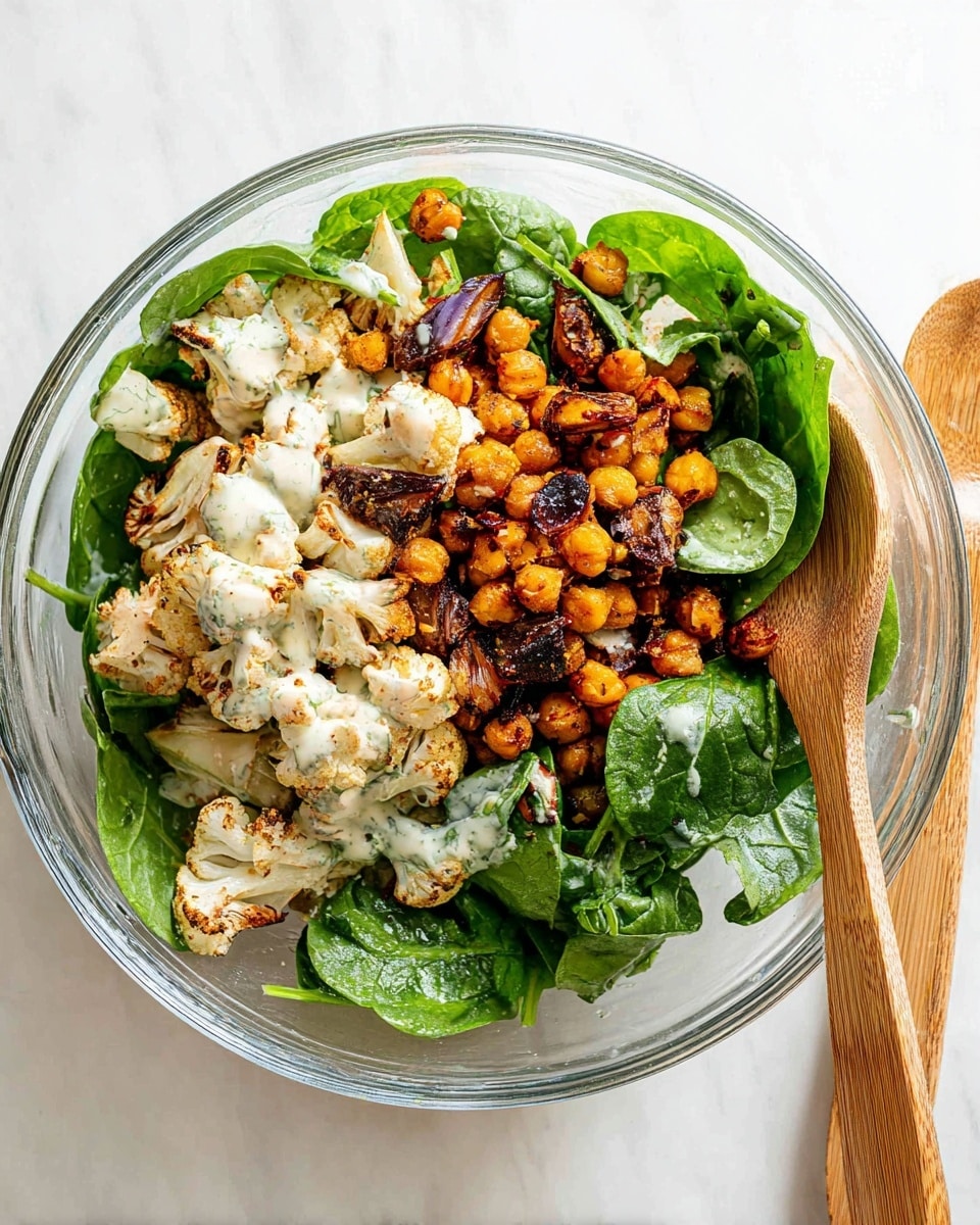 A clear glass bowl filled with three main layers: the bottom layer is fresh green spinach leaves that are slightly shiny with a creamy white dressing; the middle layer has roasted cauliflower pieces in light beige with some darker brown spots and crispy chickpeas in golden brown; on top, there are scattered small chunks of roasted vegetables in shades of orange and purple. The bowl is placed on a white marbled surface, and a wooden fork and knife are set on the right side of the bowl. Photo taken with an iphone --ar 4:5 --v 7