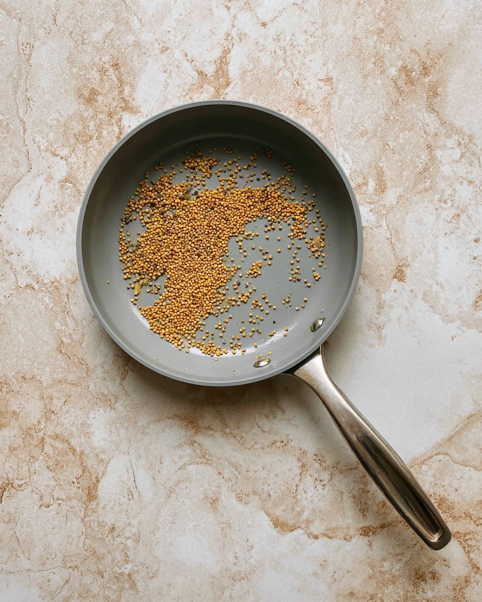 A small gray pan with a silver handle contains a scattered layer of tiny, round, yellow mustard seeds inside. The pan is placed on a surface with a white marbled texture. photo taken with an iphone --ar 4:5 --v 7