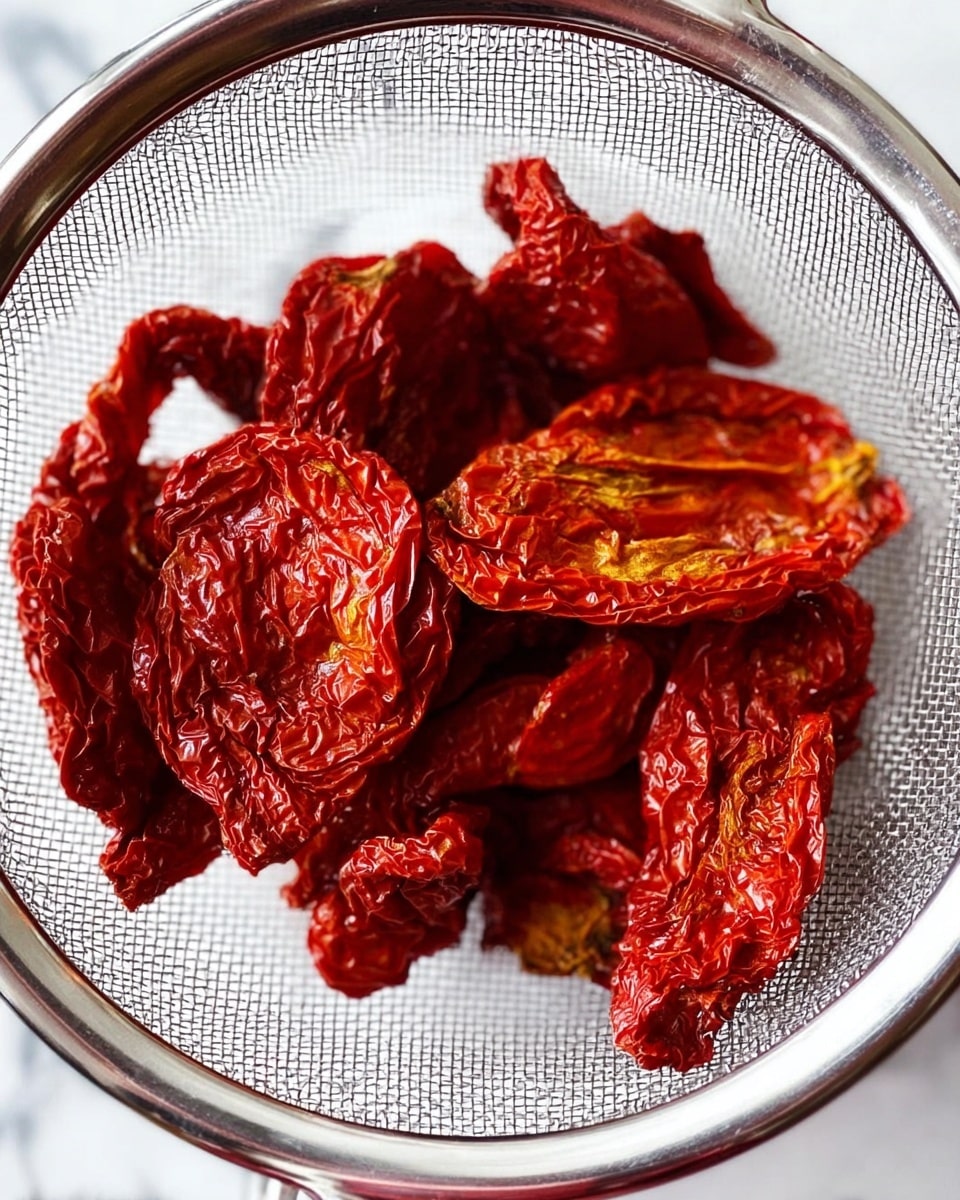 The image shows several pieces of dried tomatoes inside a fine metal strainer. The tomatoes have a deep red color with wrinkles and a slightly shiny, oily texture. They fill the strainer unevenly with some pieces larger and more folded than others. The strainer is placed over a white marbled surface, adding a clean background contrast. photo taken with an iphone --ar 4:5 --v 7