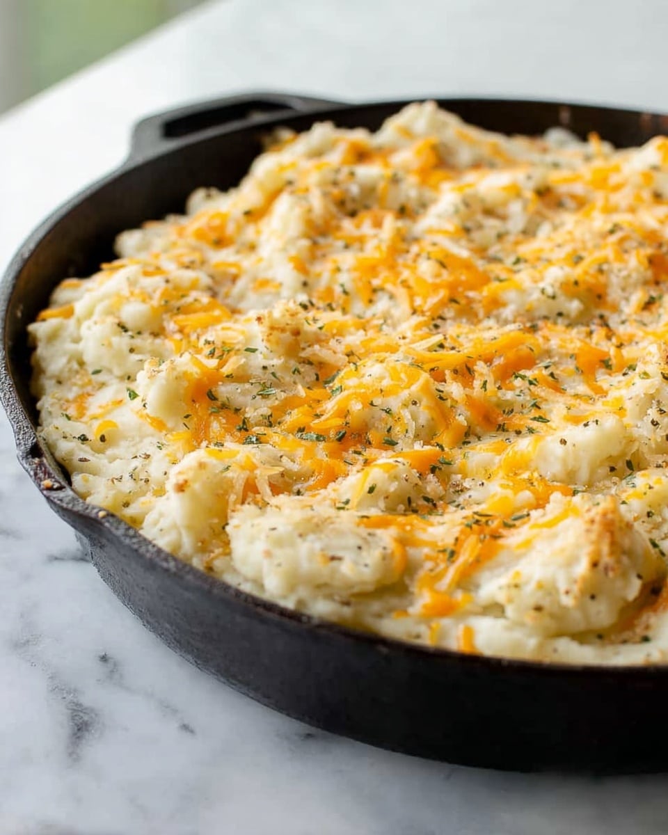 A close-up view of a cast iron skillet filled with baked mashed potatoes topped with melted shredded cheese and sprinkled herbs. The dish has a creamy white base layer of mashed potatoes with a slightly golden, bubbly top where the cheese has melted unevenly, showing a mix of white and orange cheese strands that add texture. The edges show a bit of bubbling and the rustic black skillet contrasts with the soft, fluffy and cheesy potato mixture inside. The skillet is placed on a white marbled surface. Photo taken with an iphone --ar 4:5 --v 7