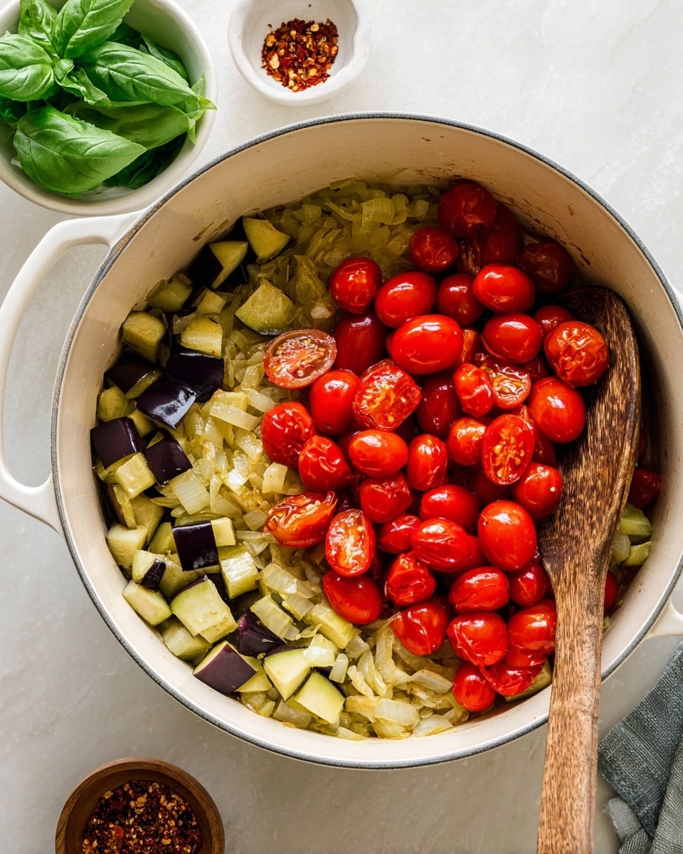 A white pot sits on a white marbled surface filled with three layers of vegetables: the bottom layer is light yellow cooked onions, the middle layer is chopped light green and purple eggplants, and the top layer is a pile of whole round bright red cherry tomatoes. Resting inside the pot on the left side is a large wooden spoon with some cooked onions on it. Near the pot, there is a small white bowl with fresh bright green basil leaves and a small brown bowl with red chili flakes. photo taken with an iphone --ar 4:5 --v 7