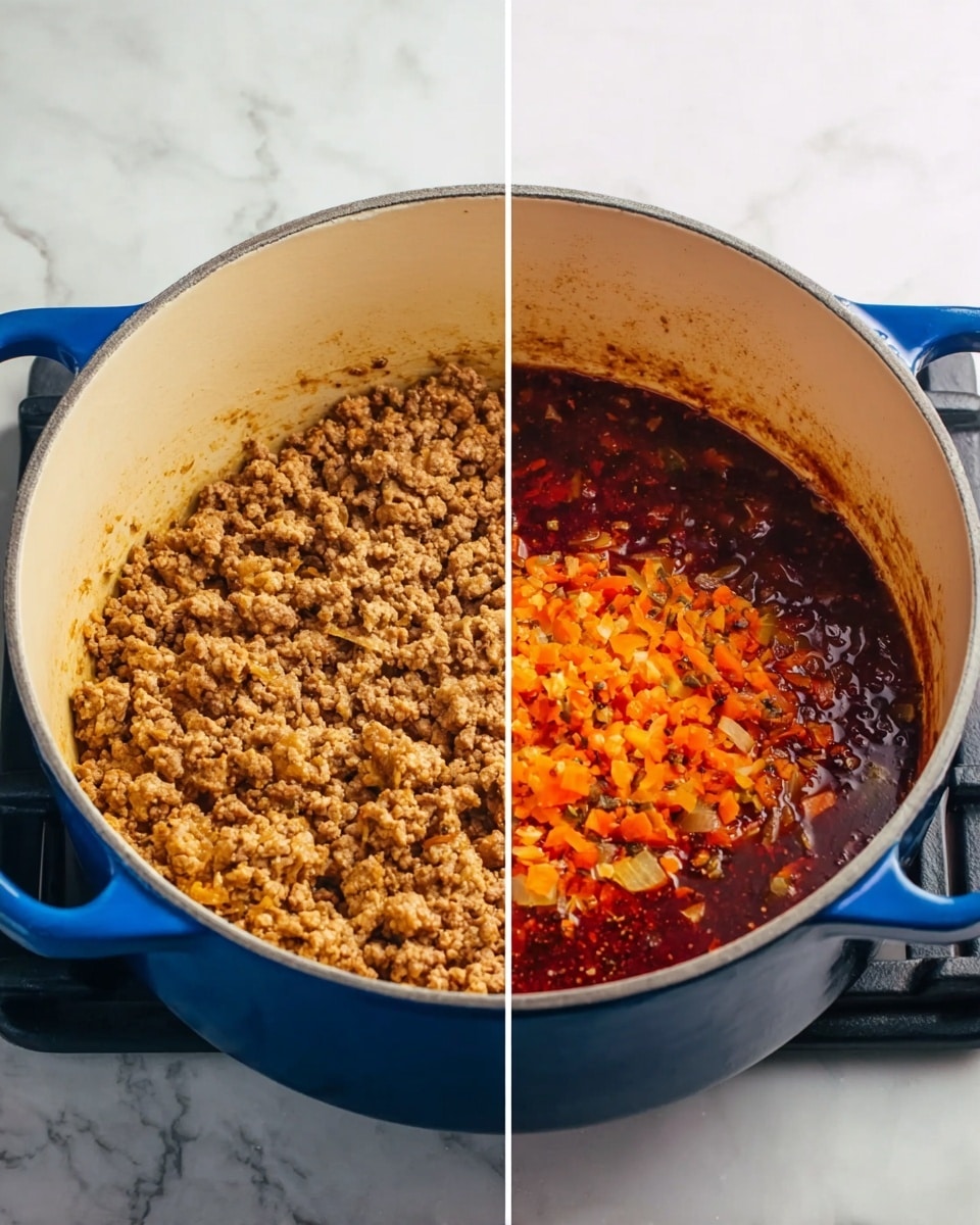 The image shows two side-by-side views of a blue pot on a stove with a white marbled background. On the left side, the pot is filled with browned ground meat with a crumbly texture and light brown color, sitting on the bottom layer of the pot. On the right side, the pot contains a mix of finely chopped vegetables in an orange color, such as carrots and onions, combined with a dark red liquid sauce. The vegetables and sauce create a colorful, textured top layer. The pot's interior is light cream, showing the contrast clearly. Photo taken with an iphone --ar 4:5 --v 7