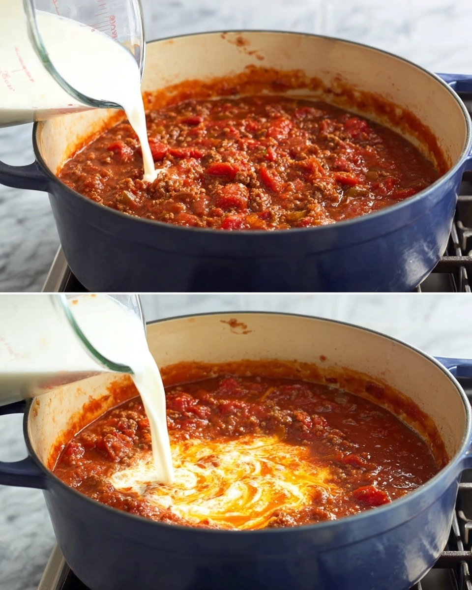 The image shows two views of a large dark blue cooking pot sitting on a stove with a white marbled background. Inside the pot is a thick, rich red sauce with small pieces of cooked meat and finely chopped vegetables, creating a chunky texture that fills about three-quarters of the pot. In the second view, creamy white liquid is being poured from a clear glass measuring cup onto the red sauce, mixing slightly to form a swirled pattern of orange and yellow on the surface. The pot has a smooth matte finish with a subtle shine reflecting the light, and the stove burner underneath is visible. photo taken with an iphone --ar 4:5 --v 7