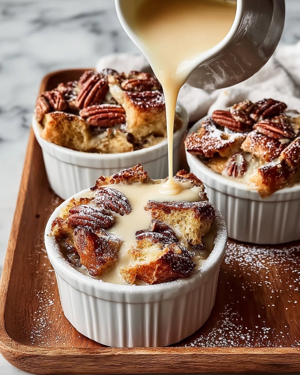 The image shows two white round ramekins filled with a baked bread pudding. The top layer consists of golden brown toasted bread chunks with a slightly crispy texture. Chopped nuts are scattered over the bread pieces, adding a rough, chunky texture and darker brown color. A creamy, pale beige sauce is being poured from above onto the bread pudding, filling the spaces between the bread pieces and nuts. The ramekins sit on a round tray with a white marbled surface. The photo is taken with an iphone --ar 4:5 --v 7