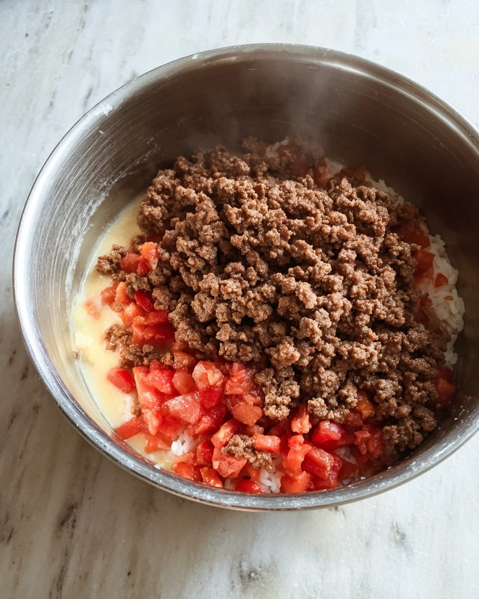 Inside a metal bowl, the dish layers can be seen clearly: at the bottom is a layer of light off-white rice with firm texture, topped by a thick layer of bright red diced tomatoes slightly softened in liquid. On top of the tomato layer is a large, loose pile of brown cooked ground meat with a crumbly texture, covering most of the other layers evenly. To one side, there is a small amount of pale yellowish creamy sauce or mixture. The bowl sits on a white marbled surface and steam lightly rises from the bowl, showing the food is warm. photo taken with an iphone --ar 4:5 --v 7