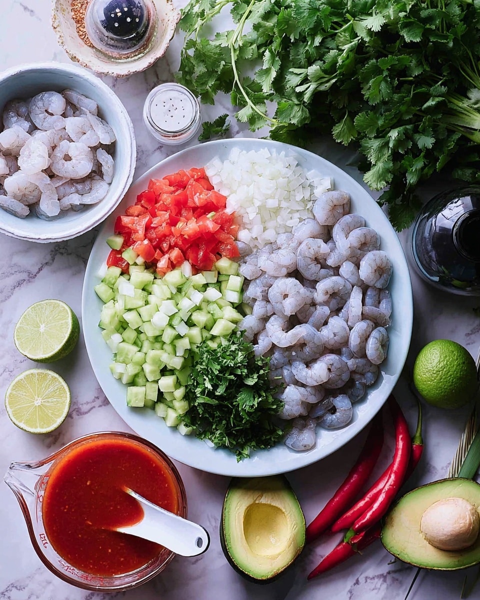 A white plate on a white marbled surface holds four piles of finely chopped ingredients arranged in sections: light green cucumber, red tomatoes, white onions, and green herbs. Next to the plate are two white bowls filled with raw shrimp, one bowl containing light gray shrimp and the other darker blue-gray shrimp. A clear glass measuring cup holds bright red sauce with a white spoon inside. One half of an avocado with a pit and one half without a pit sit near the bottom edge alongside bright red chili peppers and fresh green cilantro. Salt and pepper shakers, a lime, and a dark bottle are placed near the top edge, with some green leafy plants decorating the right side. Photo taken with an iphone --ar 4:5 --v 7