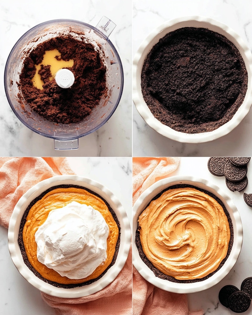 The image shows four stages of making a dessert tart, arranged in a 2x2 grid on a white marbled surface. In the top left, a clear food processor bowl contains a dark crumbly chocolate mixture with a small pool of melted butter on top. The top right shows a dark chocolate crust pressed evenly inside a white pie dish. The bottom left features a close-up of a white bowl with a thick orange filling, topped with a large dollop of whipped cream, with a pastel peach cloth nearby. The bottom right displays the same white pie dish filled with swirled creamy orange filling smooth on top. In the top right corner are some broken chocolate sandwich cookies. Photo taken with an iphone --ar 4:5 --v 7