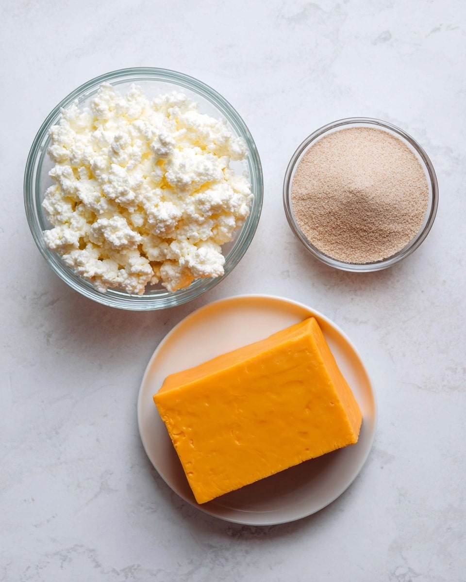 The image shows three separate food items on a white marbled surface. On the right, a large block of orange cheese lies on a small white plate. On the left, there is a clear glass bowl filled with white, lumpy cottage cheese. Above this bowl is another smaller clear glass bowl holding fine, light brown powder. The arrangement forms a triangle, with the bright orange cheese contrasting against the white cottage cheese and the light brown powder. photo taken with an iphone --ar 4:5 --v 7