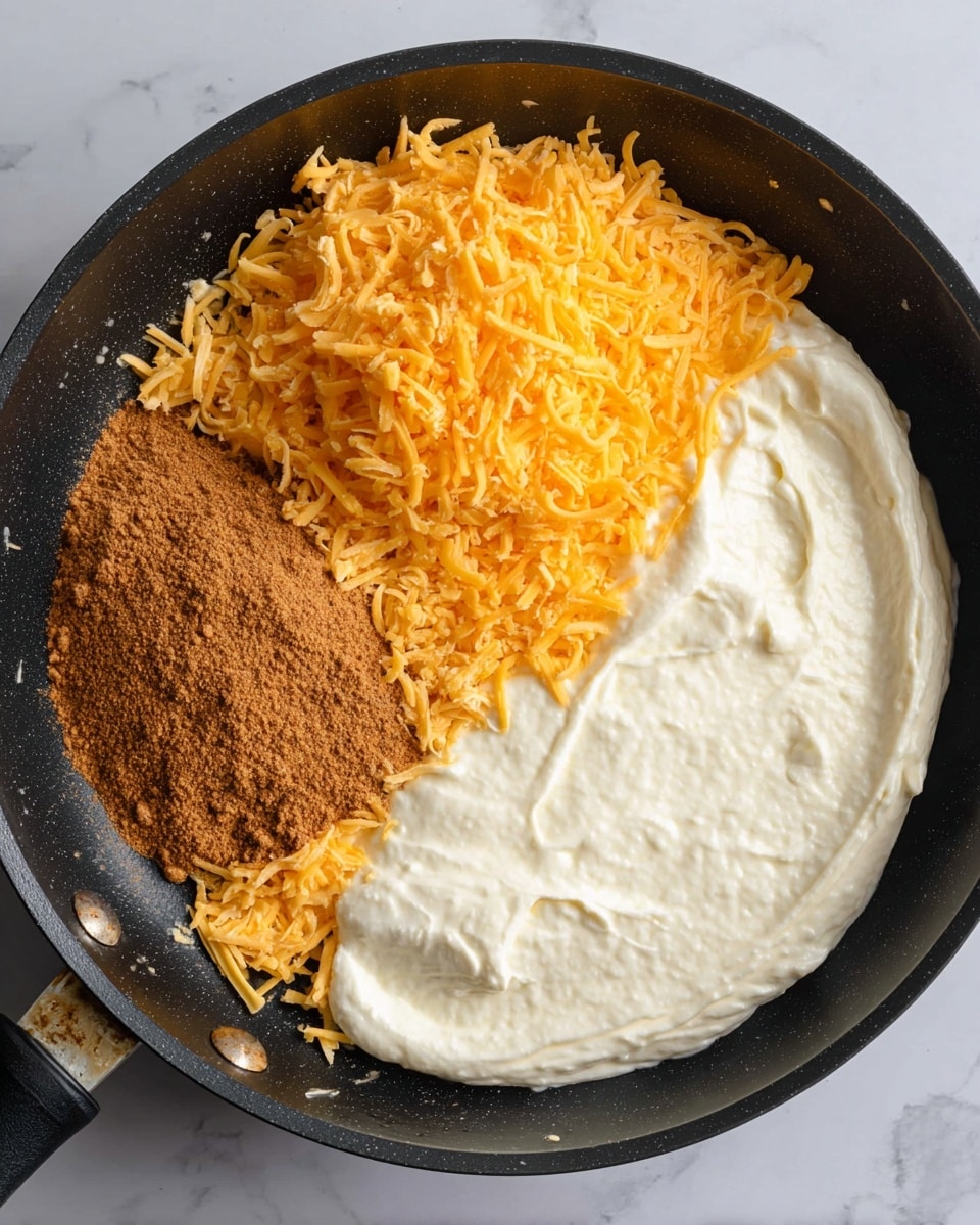 Inside a black skillet on a white marbled texture, there are three separate piles of ingredients. On the left side, there is a small mound of brown powder with a fine texture. Above that is a larger pile of shredded bright orange cheese with a soft, slightly crumbly look. Taking up the right side of the skillet, there is a thick, creamy white layer with a slightly lumpy texture that looks like sour cream or yogurt. The ingredients are not mixed and keep their own space clearly. photo taken with an iphone --ar 4:5 --v 7