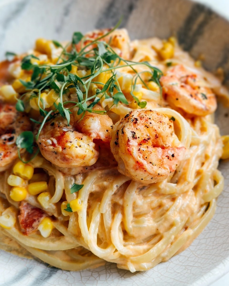 The dish shows creamy pasta with several pieces of shrimp on top, all coated in a light orange sauce. The pasta strands are thick and light yellow, filling most of the white plate. On top of the pasta and shrimp, small yellow corn kernels and thin strips of green herbs are scattered, adding contrast. The shrimp are plump, pinkish with a slightly darker red edge, and speckled with black pepper. The background and surface have a white marbled texture. photo taken with an iphone --ar 4:5 --v 7