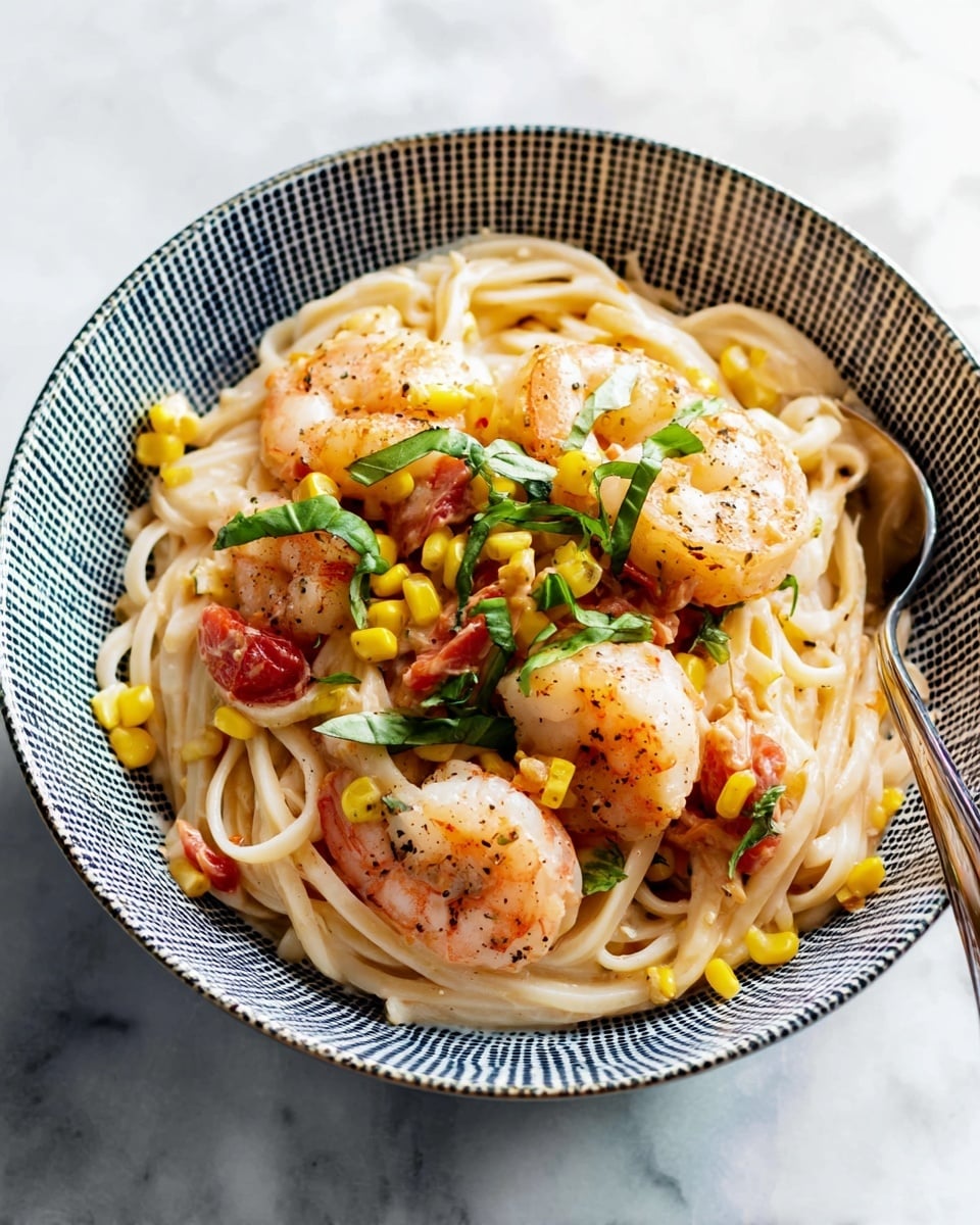 A white bowl with a blue grid pattern holds a layered dish of thick pasta noodles at the base, light beige and creamy in texture. On top, there are medium-sized cooked shrimp, pink with light seasoning of black pepper. Scattered within and on the shrimp are bright yellow corn kernels and small pieces of red tomato. Thin slices of fresh green basil sit on the shrimp and pasta, adding contrast. A silver spoon rests on the edge of the bowl. The bowl is placed on a white marbled surface. photo taken with an iphone --ar 4:5 --v 7