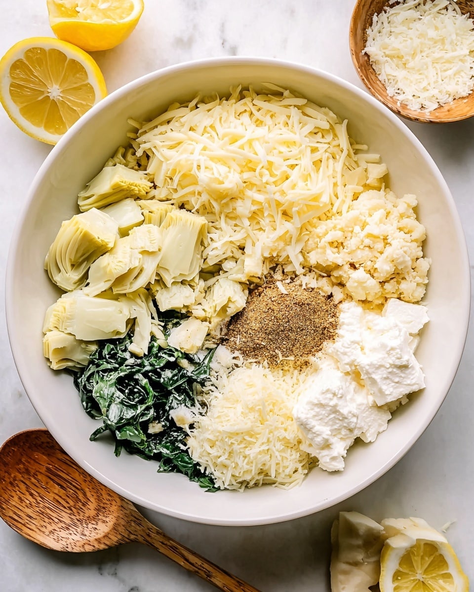 A white bowl filled with several visible layers of ingredients: at the bottom left, chopped pale yellow artichoke hearts; next to it, a pile of cooked dark green spinach; above the spinach, a heap of shredded pale yellow mozzarella cheese; to the right of the cheese, a group of light brown spices sprinkled on the white layer of cottage cheese with curds; adjacent to the cottage cheese, a solid block of cream cheese; and finally, between the artichokes and the cream cheese, a pile of finely grated cheese and a small mound of minced garlic. A wooden spoon rests on the left side of the bowl, and two lemon halves and bowls with shredded cheese are visible on the white marbled surface. Photo taken with an iphone --ar 4:5 --v 7