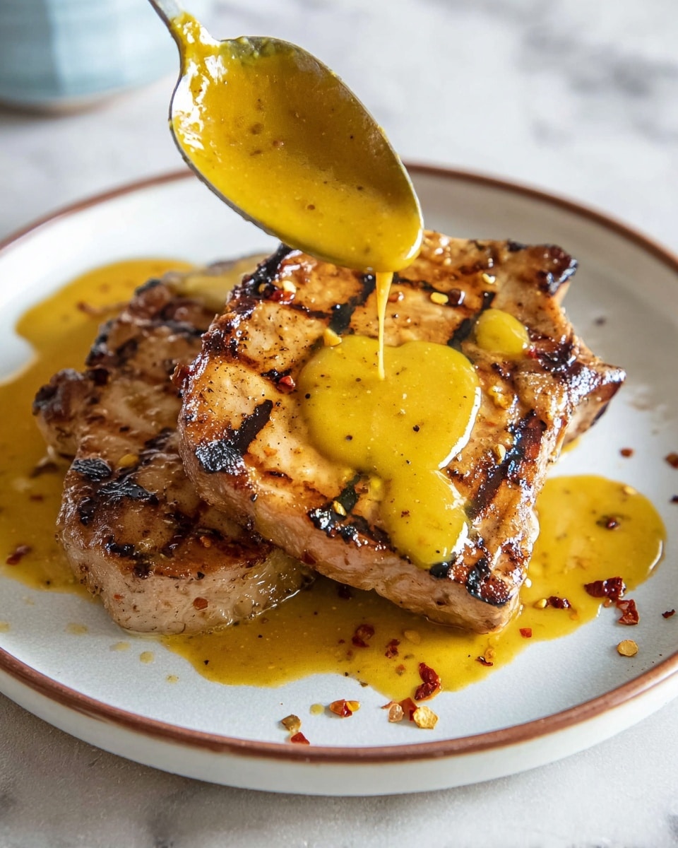 Two grilled pork chops with dark brown grill marks rest stacked on a round white plate with a thin brown rim, placed on a white marbled surface. The top pork chop is being drizzled with a thick, bright yellow-orange sauce from a spoon held close above, the sauce covering most of the chop with an uneven texture and some shiny spots. Small bits of red pepper flakes are sprinkled lightly on the plate around the chops. Soft natural light highlights the moist, juicy texture of the meat and the glossy sauce. Photo taken with an iphone --ar 4:5 --v 7