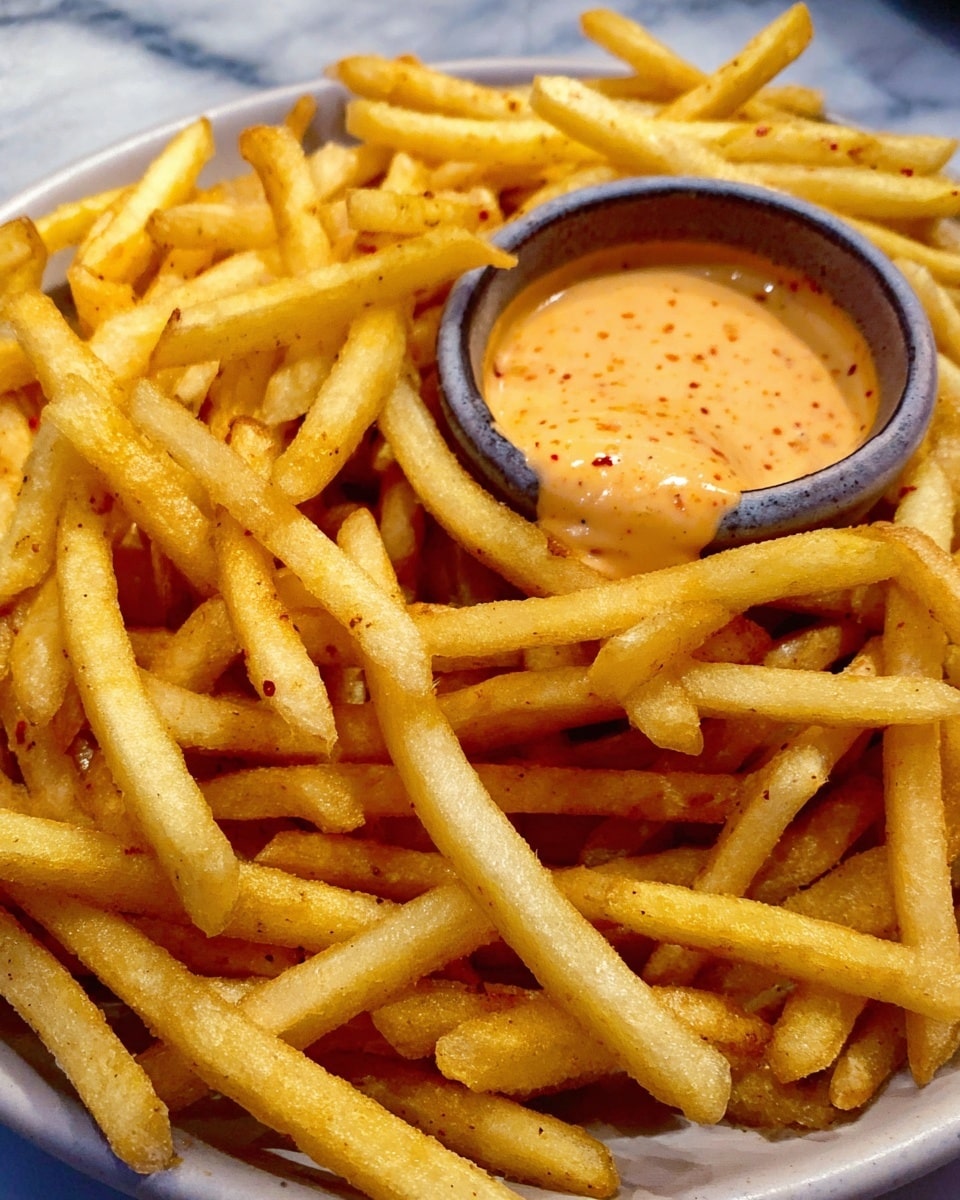 A close-up view of many long, thin, golden-yellow French fries piled loosely on a white plate. In the center, there is a small round bowl filled with creamy orange sauce marked with small red and black specks. One fry is dipped into the sauce. The plate sits on a white marbled surface under soft lighting. photo taken with an iphone --ar 4:5 --v 7