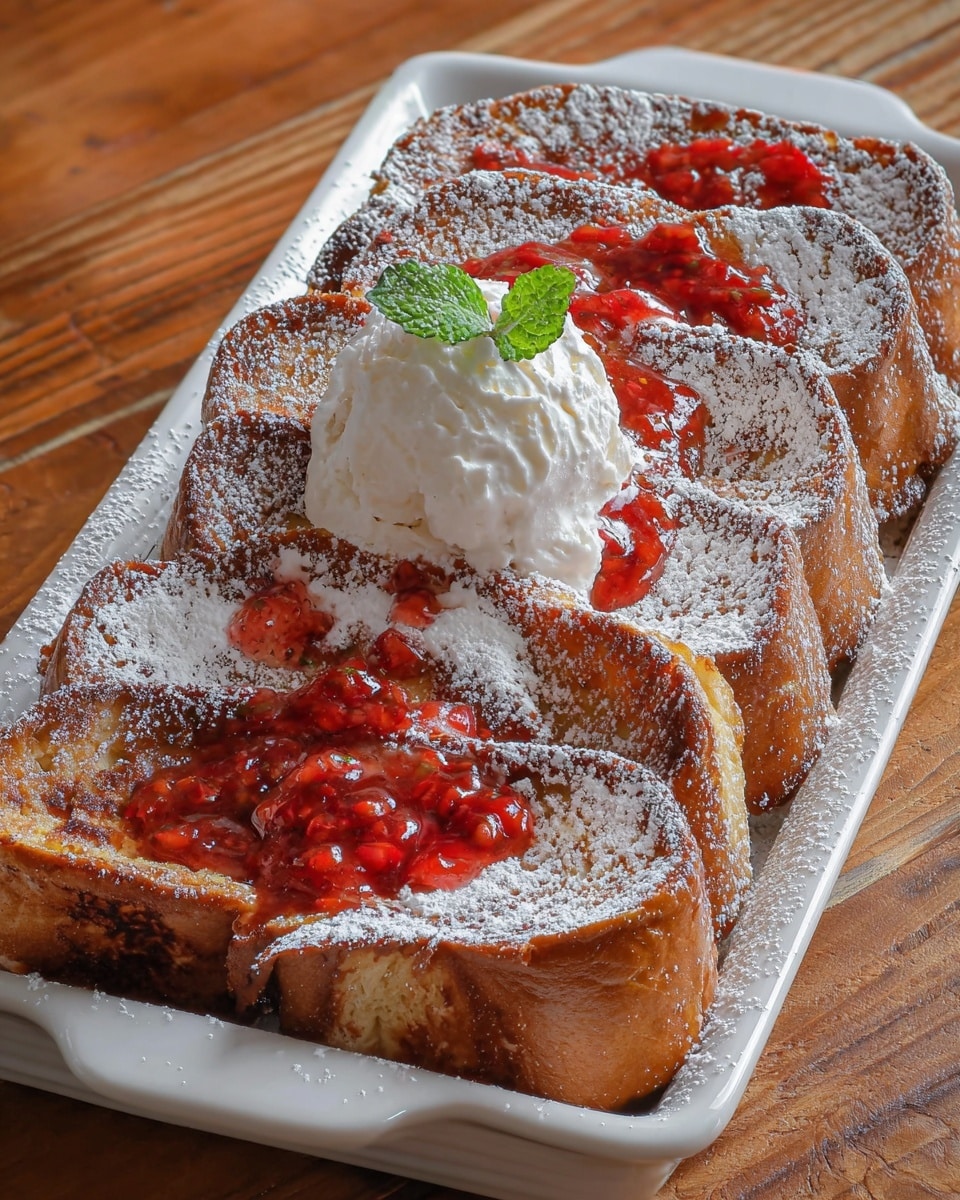 The image shows a rectangular white ceramic dish filled with multiple overlapping toasted bread slices, browned and slightly crisp on the edges. The bread forms a thick layer, lightly dusted with powdered sugar all over. On top, near the center, there is a scoop of white whipped cream paired with a bright red chunky strawberry sauce that drips slightly onto the bread below. A small green mint leaf rests on the whipped cream. The dish is placed on a wooden table with a warm rustic feel. photo taken with an iphone --ar 4:5 --v 7