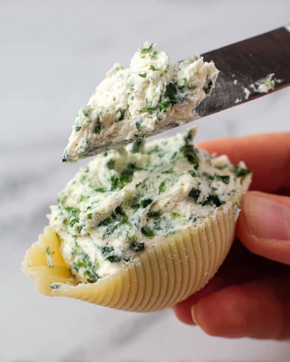 A close-up image shows a woman's hand holding a single ridged shell pasta filled with a creamy, chunky mixture of white cheese and green herbs. A metal knife spreads more of the cheesy green mixture smoothly on the top, highlighting the thick, soft texture of the filling against the ridged pasta shell. The background is a white marbled texture, making the details of the pasta and mixture stand out clearly. photo taken with an iphone --ar 4:5 --v 7