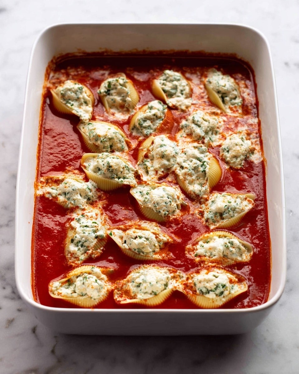 The image shows a white rectangular baking dish filled with a bright red tomato sauce base as the first layer. On top, there are large pasta shells filled with a creamy white cheese mixture with visible green herbs inside each shell. The shells are partially covered by the tomato sauce, creating a random pattern of white and red blobs across the surface. The texture of the cheese looks soft and slightly melted, while the sauce is smooth and glossy, sitting on a white marbled surface. photo taken with an iphone --ar 4:5 --v 7