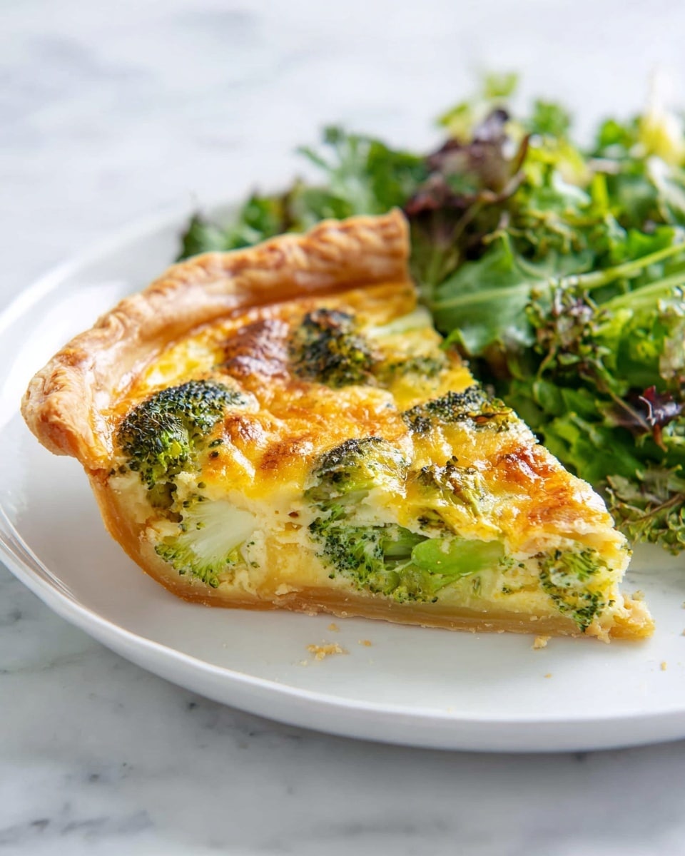 A slice of broccoli quiche sits on a white plate with a side of mixed green salad. The quiche has a golden-brown, flaky crust forming the base and edge. Inside, the filling consists of bright green broccoli florets embedded in a creamy yellow egg mixture with bits of cheese melted on top, showing a slightly browned and bubbly texture. The mixed salad behind the quiche is fresh and leafy, varying in shades of vibrant green. The plate rests on a white marbled surface. Photo taken with an iphone --ar 4:5 --v 7