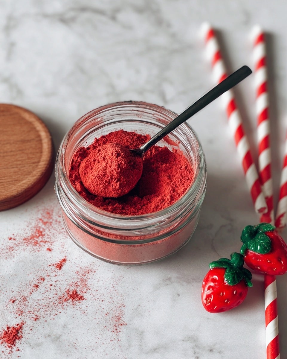 A clear glass jar filled with fine red powder, with a black spoon scooping some powder inside. The jar is placed on a white marbled surface, with some red powder spilled around it. To the left, there is a round wooden lid resting on the surface. On the top right, two white straws with red spirals and red strawberry-shaped decorations with green leaves are placed diagonally. Photo taken with an iphone --ar 4:5 --v 7