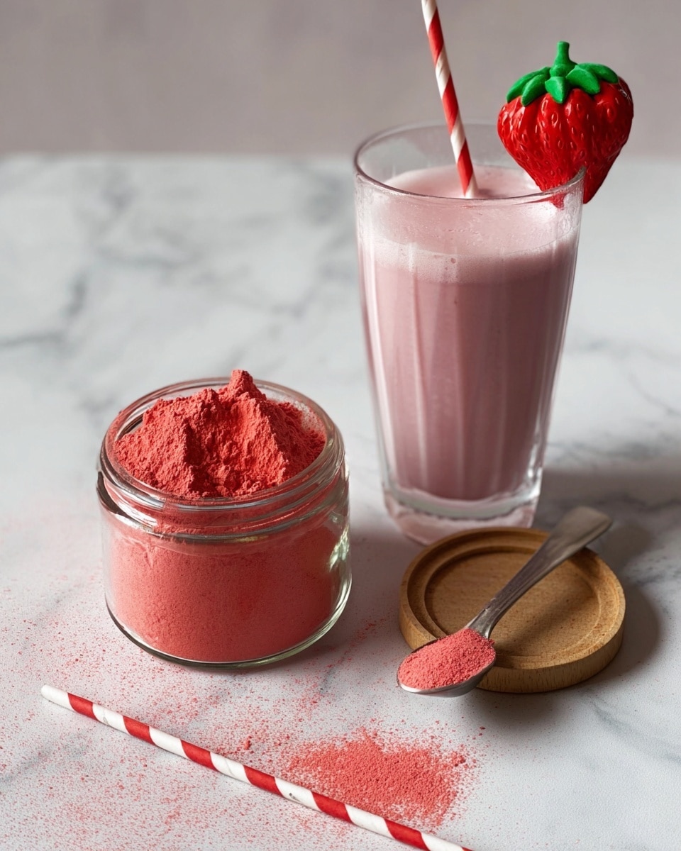 The image shows a clear glass filled with a smooth light pink drink topped with a striped red and white straw decorated with a strawberry-shaped paper decoration at the top. In front of the glass, there is a transparent jar with bright red powder inside, with some powder spilled on the white marbled surface below it and a metal spoon holding a scoop of the powder resting in the jar. The jar has a round wooden lid placed next to it. Another similar strawberry-decorated straw lies flat on the white marbled surface near the jar. photo taken with an iphone --ar 4:5 --v 7