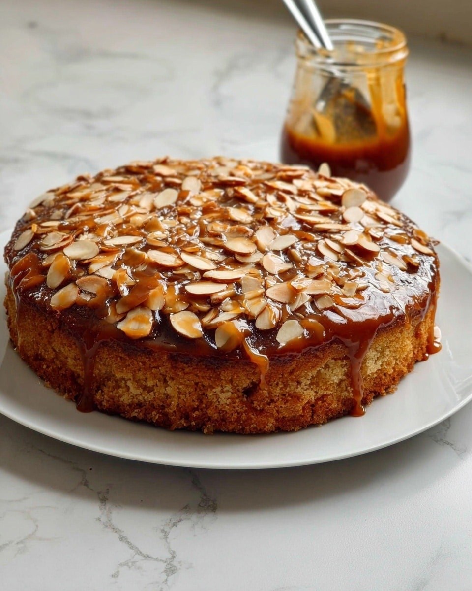 A round cake sits on a white plate, placed on a white marbled surface. The cake has two layers: the bottom layer is a golden brown sponge, and the top layer is covered with a shiny caramel glaze topped generously with toasted sliced almonds that give a light brown and tan texture. The caramel glaze looks smooth and sticky, holding the almond slices in place. Behind the cake, there is a glass jar with a metal spoon inside, filled with caramel sauce that has dripped down the sides. The photo taken with an iphone --ar 4:5 --v 7