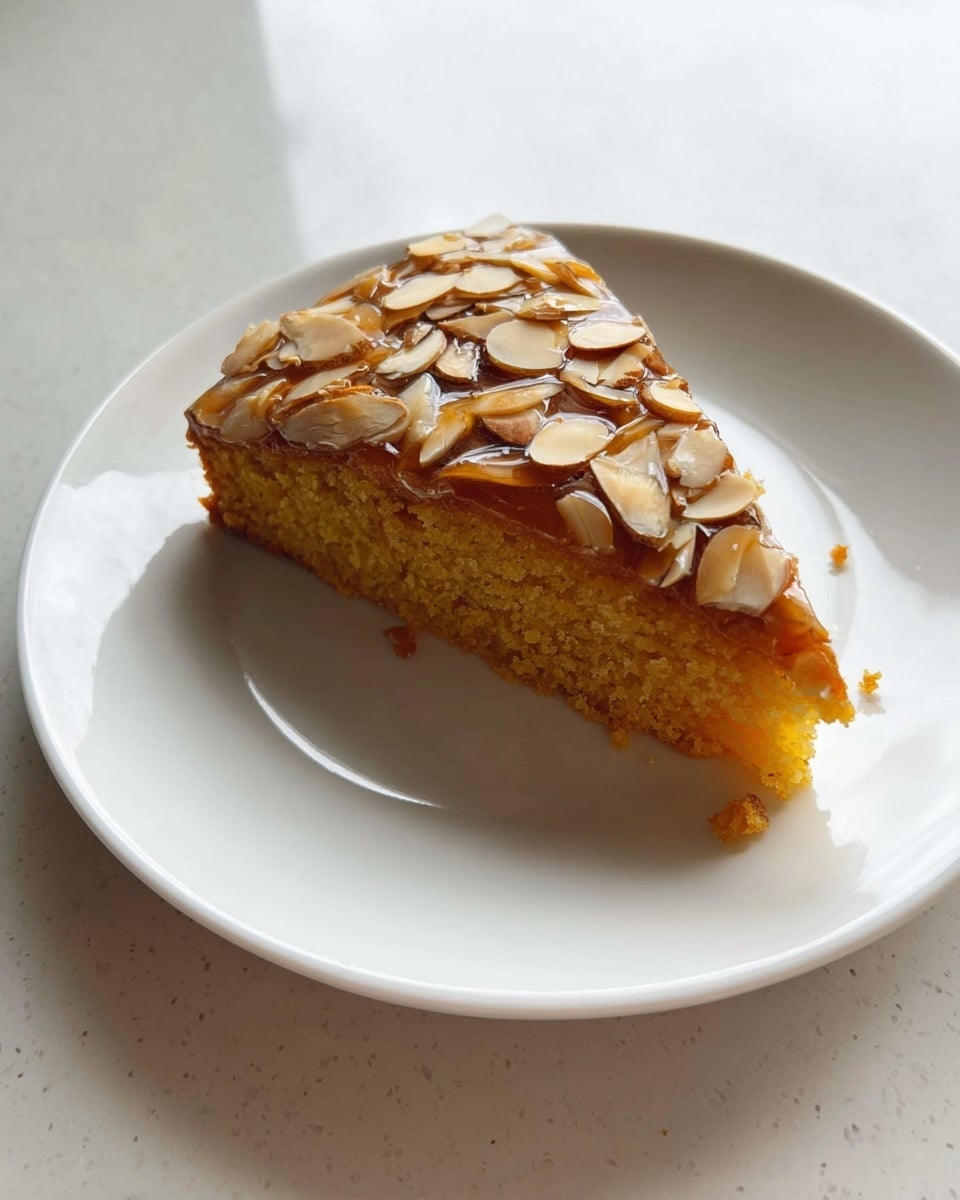 A single slice of yellow cake with a soft, crumbly texture sits on a white plate. The cake has one layer topped with a shiny, caramel-colored glaze covered with thin, toasted almond slices scattered evenly over the surface. The plate rests on a white marbled textured surface. photo taken with an iphone --ar 4:5 --v 7