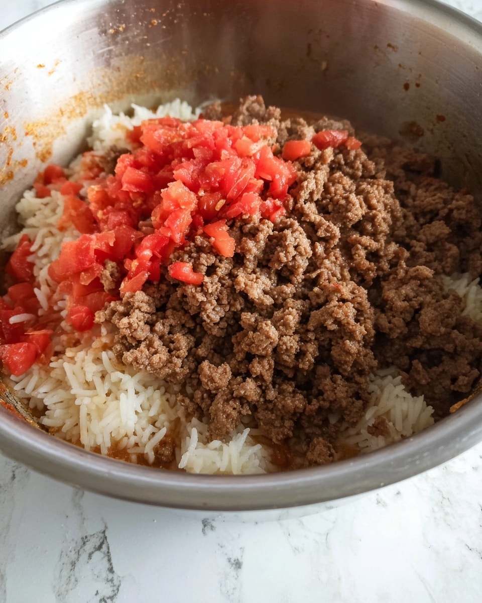 A close-up view of a cooking pot with three visible layers: at the bottom, there is white rice with some light brown bits mixed in; above the rice, there is a layer of diced red tomatoes; and on top, there is a thick layer of cooked brown ground meat. The edges of the pot show some steam rising, indicating the mixture is hot. The cooking pot is silver, and the whole scene is set on a white marbled surface. Photo taken with an iphone --ar 4:5 --v 7