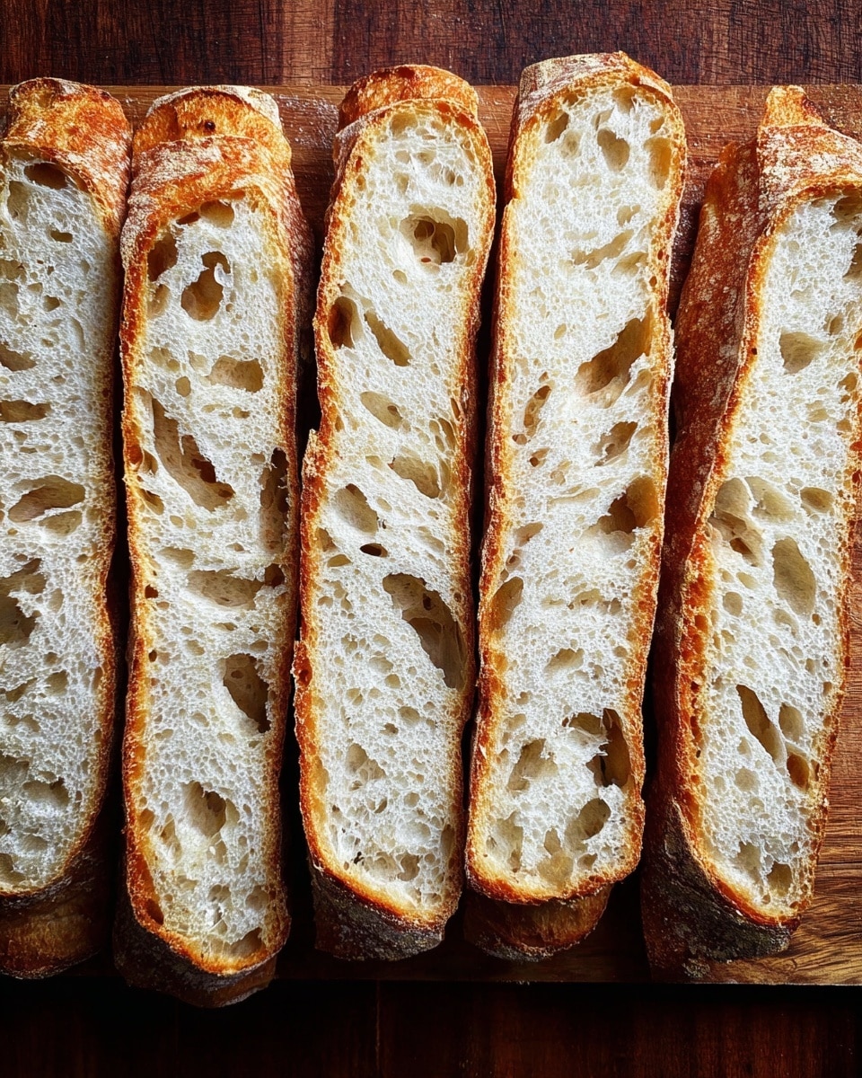 Five long slices of bread are placed side by side on a wooden board, each slice showing a crunchy, golden-brown crust and a soft, airy inside filled with many small holes of different sizes. The crust is darker orange-brown, while the inside is light cream with a spongy texture. The board beneath is rustic and complements the bread's warm colors. The photo taken with an iphone --ar 4:5 --v 7